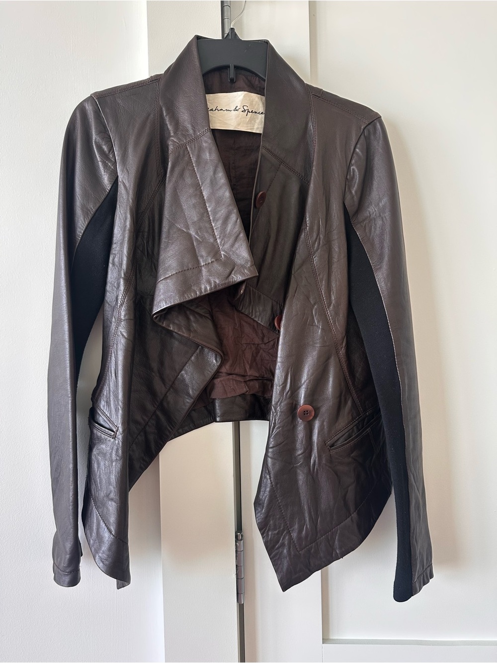 Graham & Spencer draped leather jacket.